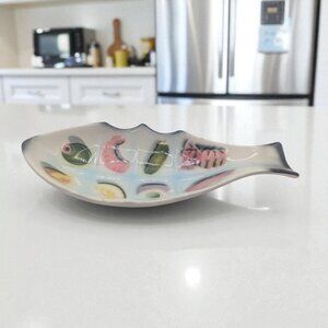 Hand-Painted Ceramic Fish-Shaped Divided Serving Dish With Vibrant Food Motifs